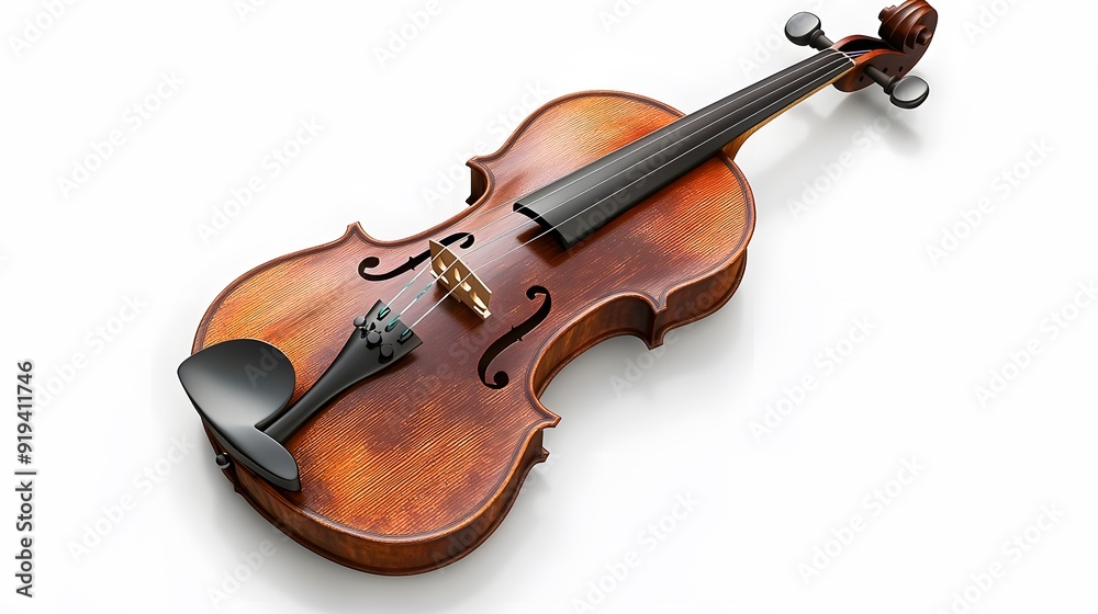 Obraz premium A classical violin with bow, rich wood grain, warm reddish-brown varnish, high detail, studio lighting, pure white background.
