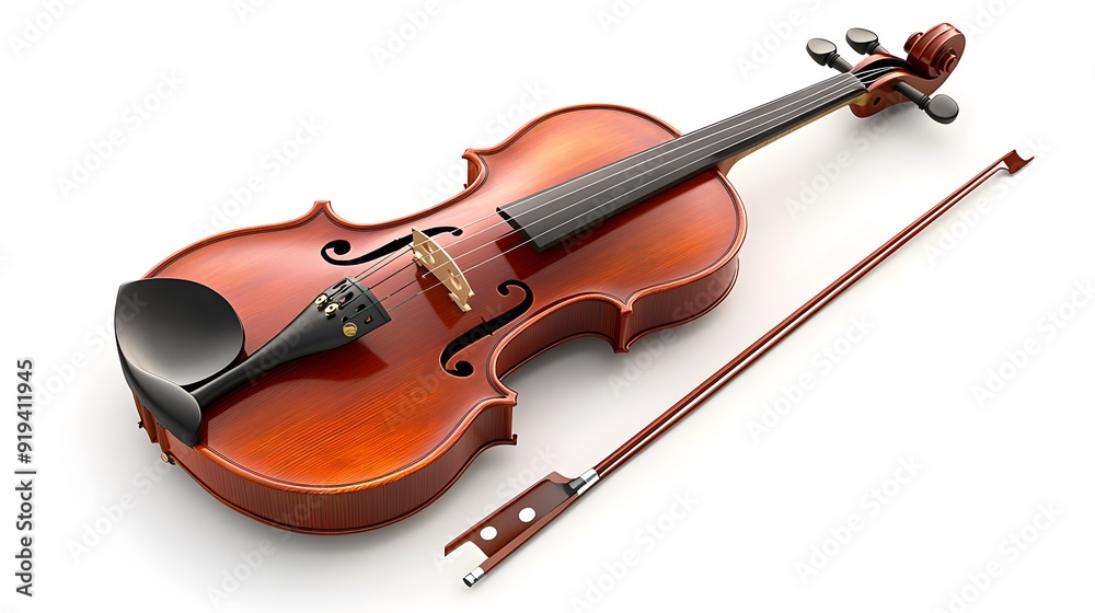 Fototapeta premium A classical violin with bow, rich wood grain, warm reddish-brown varnish, high detail, studio lighting, pure white background.