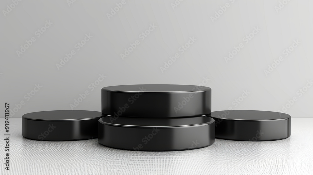 A black podium with four black round platforms. The podium is made of metal and is placed on a white surface A black podium with four black round platforms. The podium is made of metal and is placed on a white surface