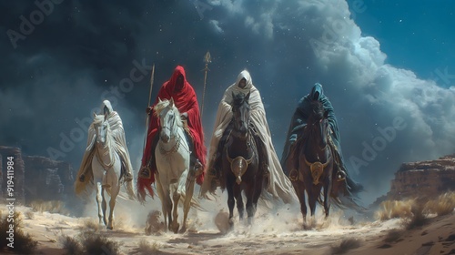 The Four Horsemen of the Apocalypse, Biblical Illustration from the Book of Revelation photo