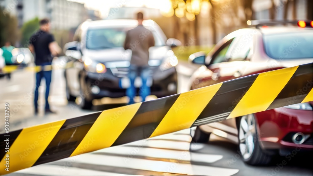 Obraz premium Yellow and Black Caution Tape in Front of Blurred Cars.