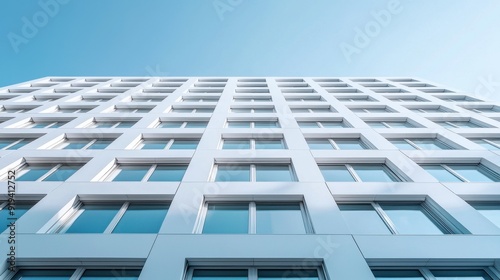 Modern Office Building with White Façade, Sleek Design, Abundant Windows, Surrounded by Lush Greenery, Under Clear Blue Skies, Summer Vibes, Inviting Atmosphere.