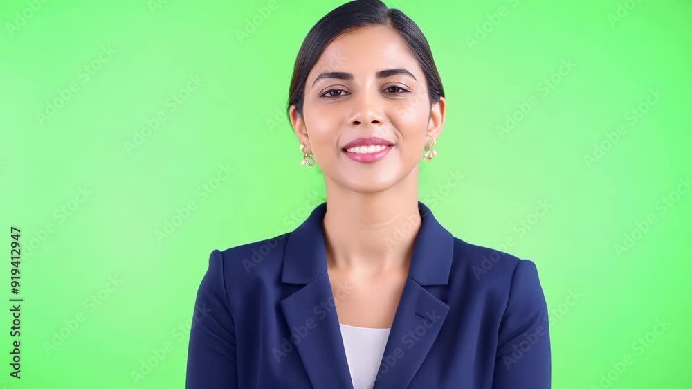 Young Hispanic Female Accountant in Professional Attire Smiling and Nodding on Green Screen Young Hispanic Female Accountant in Professional Attire Smiling and Nodding on Green Screen