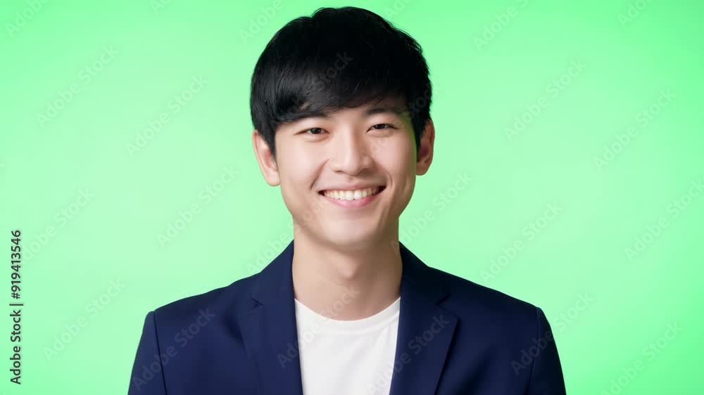 Young East Asian Male with Neatly Styled Hair Smiling and Nodding on Green Screen Young East Asian Male with Neatly Styled Hair Smiling and Nodding on Green Screen