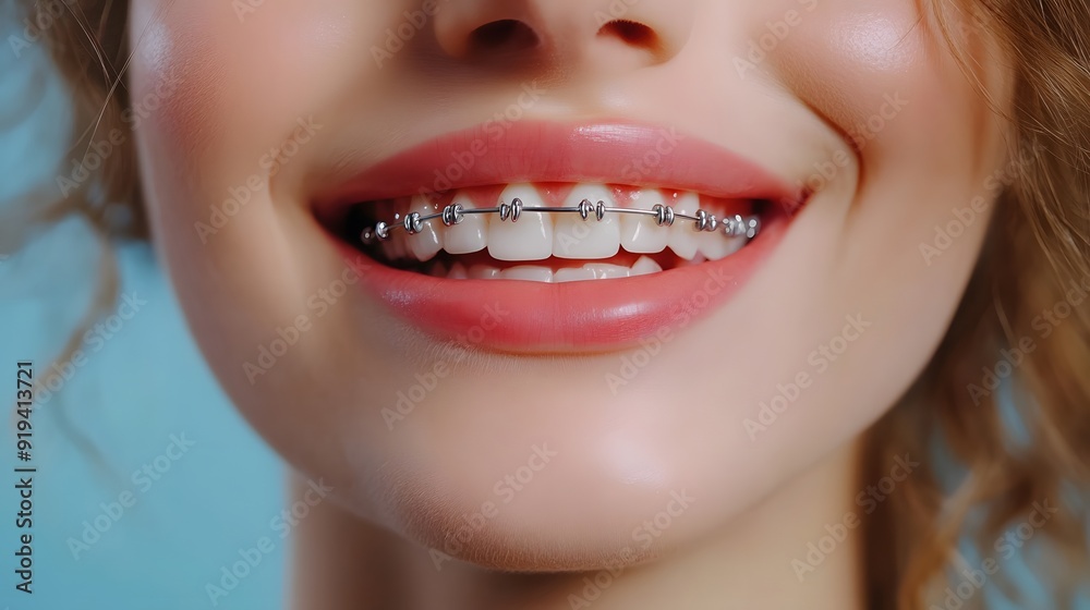 Close-up of a smiling mouth with braces, perfect teeth, orthodontic treatment, soft pink lips, smooth skin, slight curl of hair visible, light blue background, crisp focus. Close-up of a smiling mouth with braces, perfect teeth, orthodontic treatment, soft pink lips, smooth skin, slight curl of hair visible, light blue background, crisp focus.