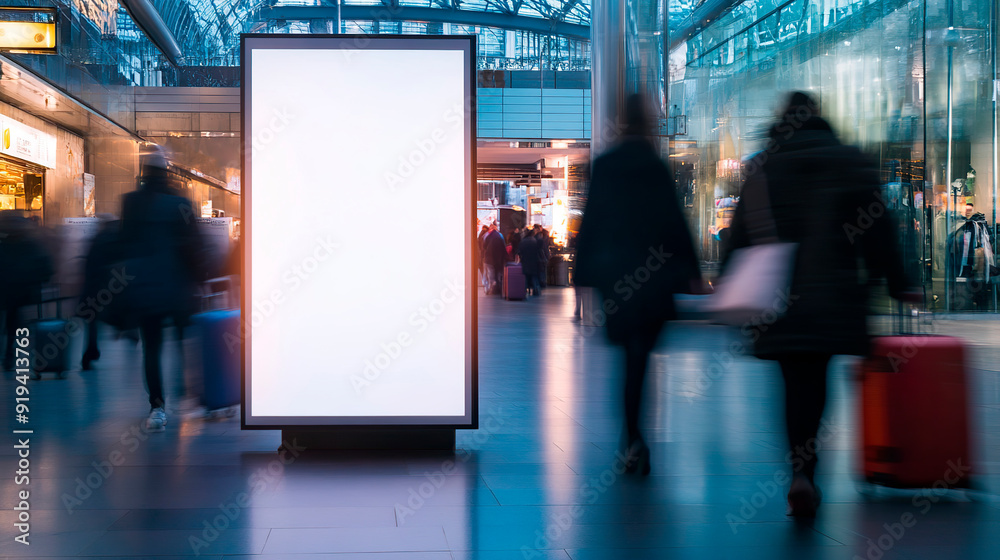 Vertical lightbox display mockup, people walking past with suitcases. Advertising banner standing at the airport. Travel and air transportation advertising template Vertical lightbox display mockup, people walking past with suitcases. Advertising banner standing at the airport. Travel and air transportation advertising template
