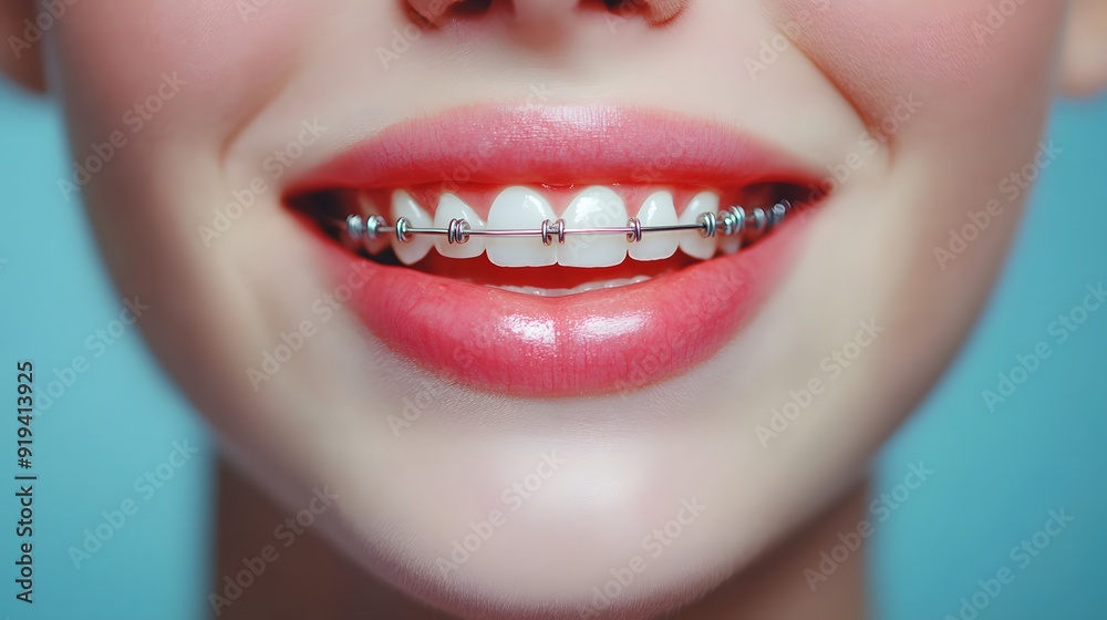Close-up of a smiling mouth with braces, perfect teeth, orthodontic treatment, soft pink lips, smooth skin, slight curl of hair visible, light blue background, crisp focus. Close-up of a smiling mouth with braces, perfect teeth, orthodontic treatment, soft pink lips, smooth skin, slight curl of hair visible, light blue background, crisp focus.