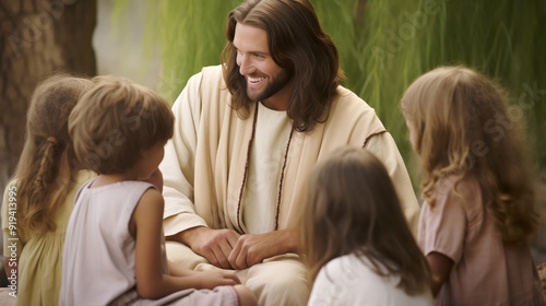 Jesus Christ Talking to Children in a Serene Outdoor Setting