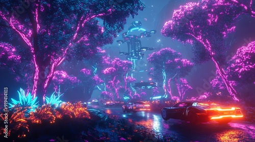 Stylized neon-outlined trees and plants add a touch of nature, while hovering cars and drones with neon underglows provide a sense of movement photo