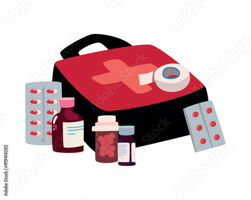 open first aid kit with medicines