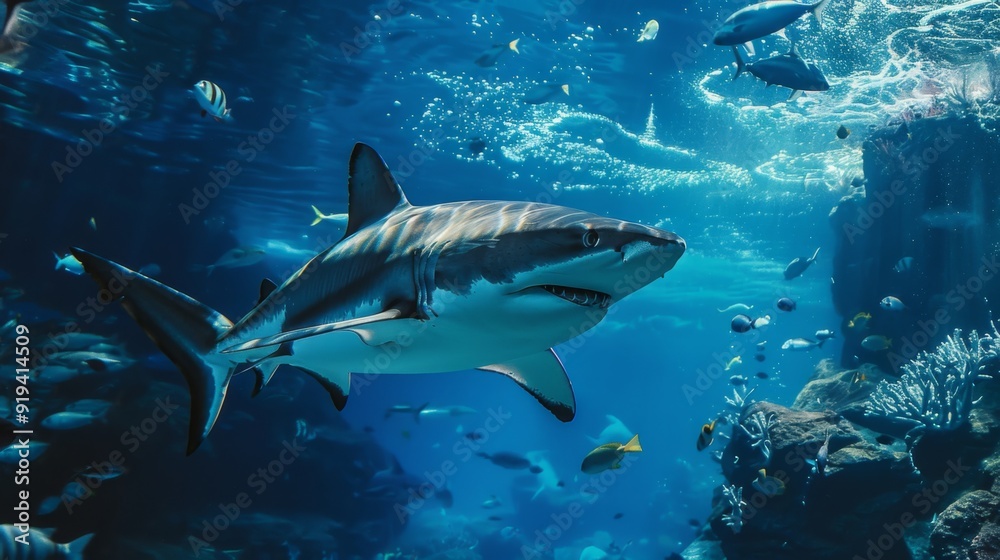 A shark swimming underwater, with rays of sunlight shining through the water surface. Shark in the deep blue ocean A shark swimming underwater, with rays of sunlight shining through the water surface. Shark in the deep blue ocean