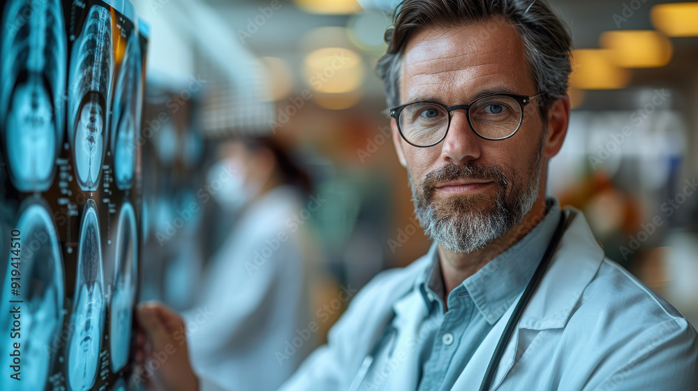 A man in a white lab coat is looking at a CT scan of a patient's head. He is wearing glasses and he is a doctor