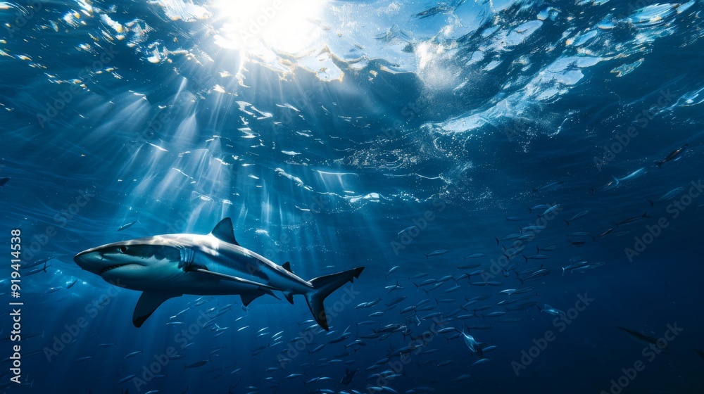 Obraz premium A shark swimming underwater, with rays of sunlight shining through the water surface. Shark in the deep blue ocean