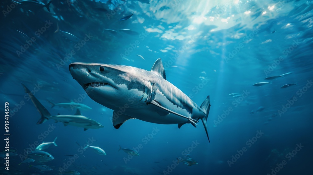 Fototapeta premium A shark swimming underwater, with rays of sunlight shining through the water surface. Shark in the deep blue ocean