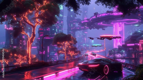 Stylized neon-outlined trees and plants add a touch of nature, while hovering cars and drones with neon underglows provide a sense of movement photo