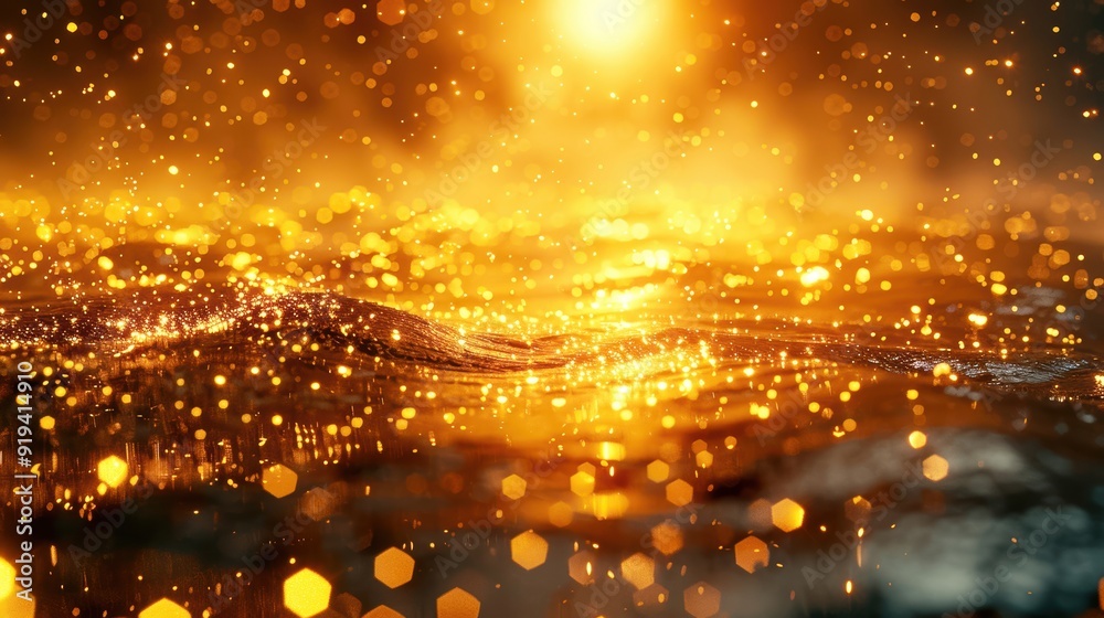 Abstract golden water surface with bokeh lights reflecting sunlight, creating a mesmerizing and shimmering effect. Perfect for a magical atmosphere. Abstract golden water surface with bokeh lights reflecting sunlight, creating a mesmerizing and shimmering effect. Perfect for a magical atmosphere.