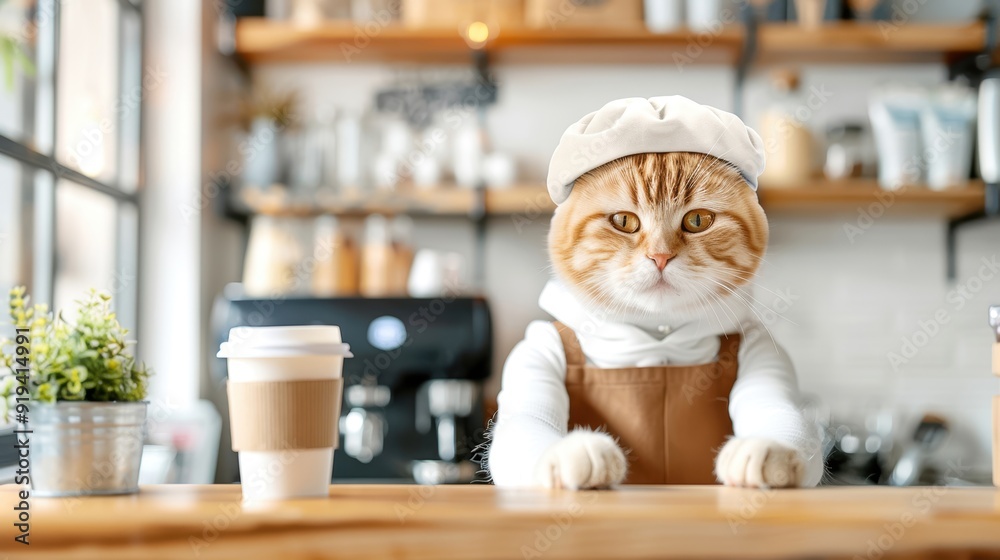 custom made wallpaper toronto digitalAdorable cat dressed as barista, sitting in a coffee shop with a latte. Cute and cozy cafe scene.