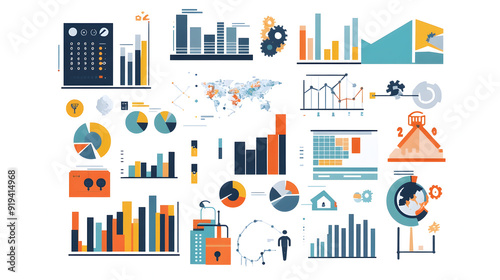 Economic Diversification Illustrated by Multiple Industry Icons and Charts - An illustration of various industry icons with associated economic charts, depicting economic diversification