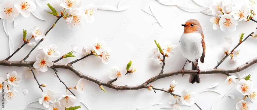 Beautiful robin perched on a blossoming branch, set against a white background with delicate flowers in springtime.