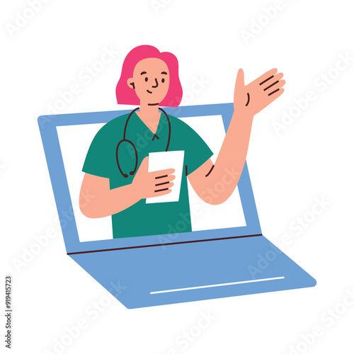 Vector illustration of a woman doctor with a stethoscope giving medical recommendations from a laptop screen. Online consultation, healthcare advice, flat cartoon style, virtual healthcare