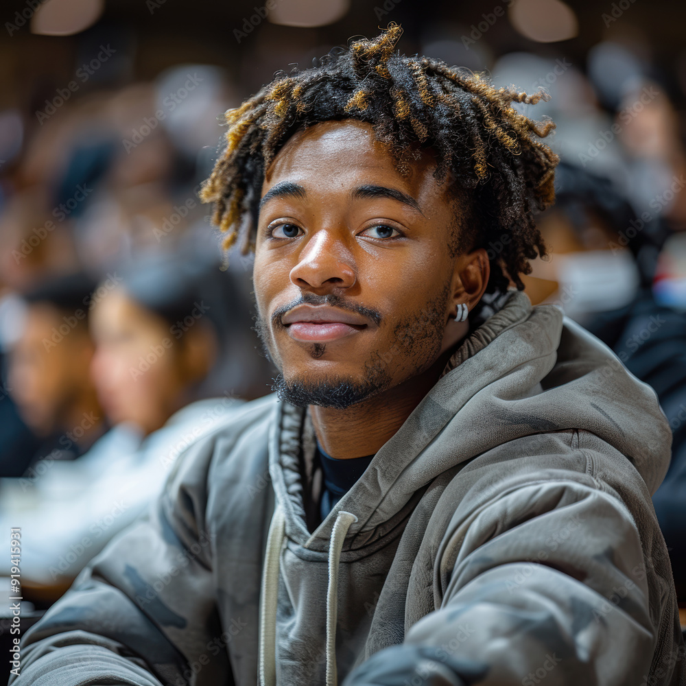 A man with dreadlocks is smiling at the camera. He is wearing a grey hoodie and a black shirt A man with dreadlocks is smiling at the camera. He is wearing a grey hoodie and a black shirt