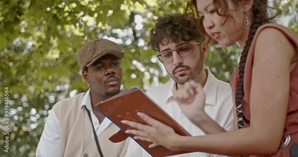 Professionals are collaborating and discussing business during an outdoor meeting in a park. Their focused and engaged interaction reflects a productive and dynamic exchange among colleagues.