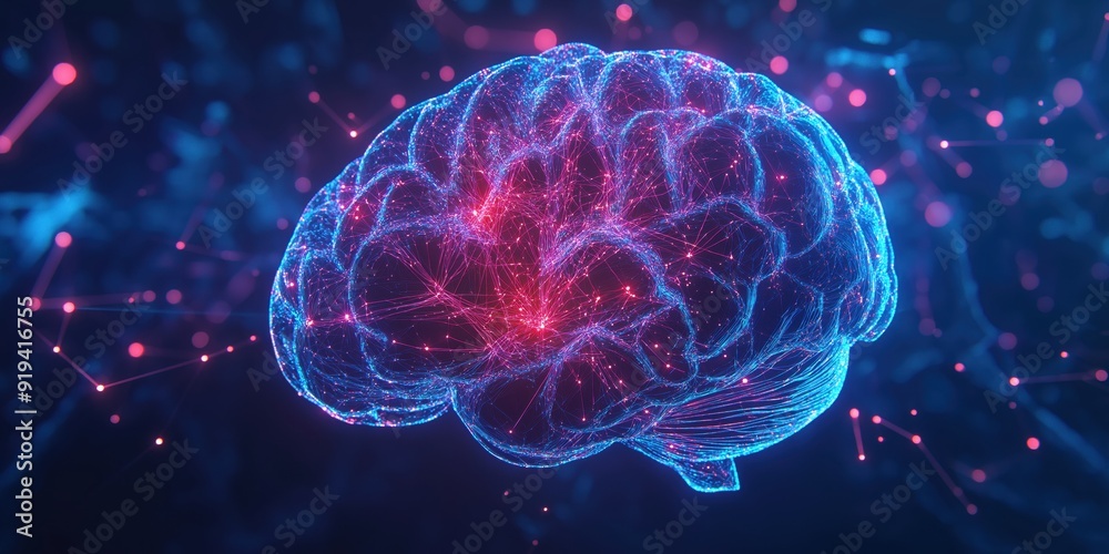 Digital illustration of a human brain with illuminated neural ...
