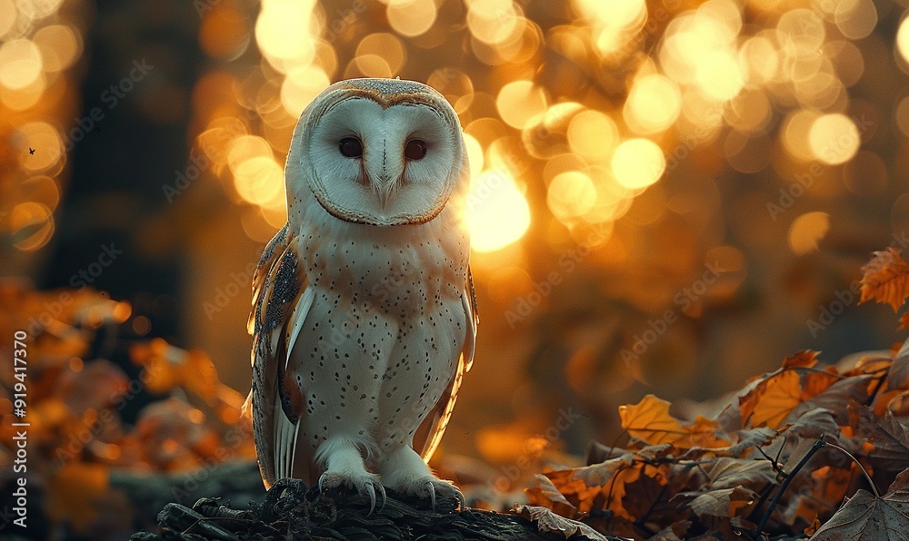 Obraz premium cute fluffy white owl beautiful backlight early september morning wildlife photo national geographic multidimensional layering magical vibes.