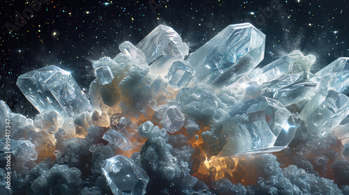 A pile of ice crystals is shown in the sky. The crystals are scattered and appear to be falling from the sky. The scene is dark and mysterious