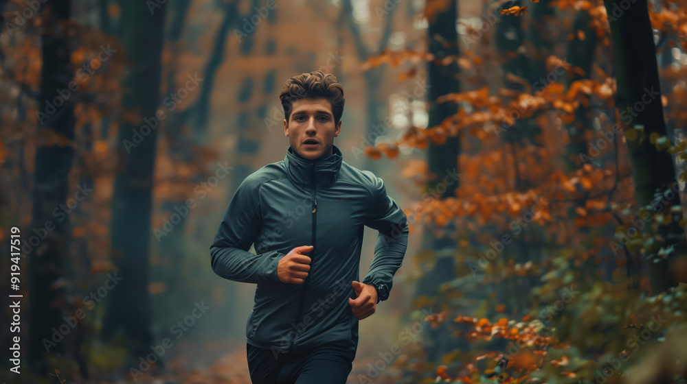 Obraz premium Man Running in Autumn Forest, Outdoor Exercise, Fitness Training in Nature