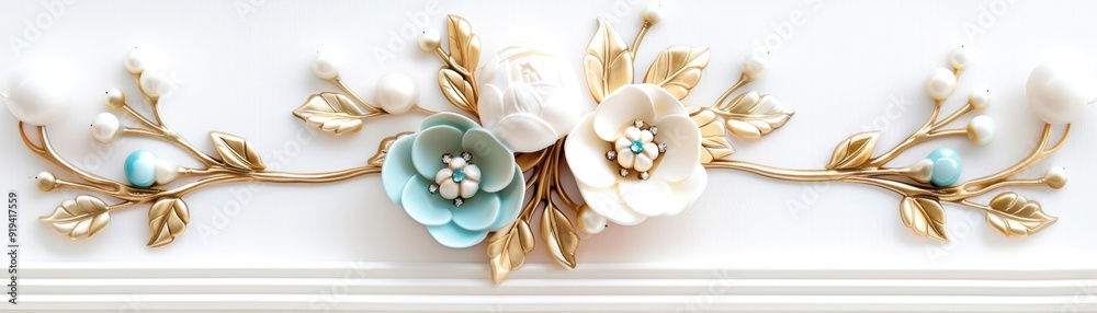 Elegant floral decoration with blue and white flowers and golden leaves, perfect for home decor, weddings, and crafts. Elegant floral decoration with blue and white flowers and golden leaves, perfect for home decor, weddings, and crafts.