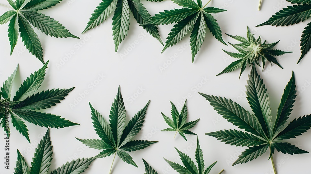 Marijuana leaves on a white background, close up top view on cannabis leaves and branches on white background for alternative medical and marketing design concept Marijuana leaves on a white background, close up top view on cannabis leaves and branches on white background for alternative medical and marketing design concept