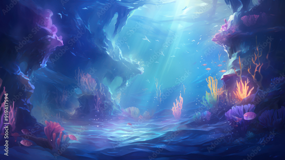 Obraz premium Serene underwater scene with light rays. Tranquil and ethereal atmosphere. Calm underwater background.