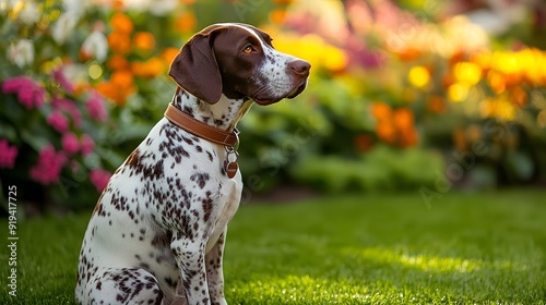 German Shorthaired Pointer sitting in lush garden lawn, vibrant floral background, profile view, alert expression, spotted brown and white coat, leather collar, soft natural.