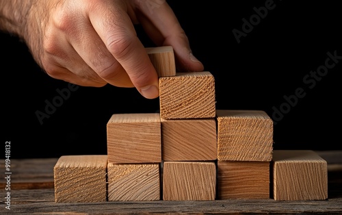 Closeup of a hand delicately placing the final wooden block on a stack, with the natural wood grain in focus, wooden block, final stacking