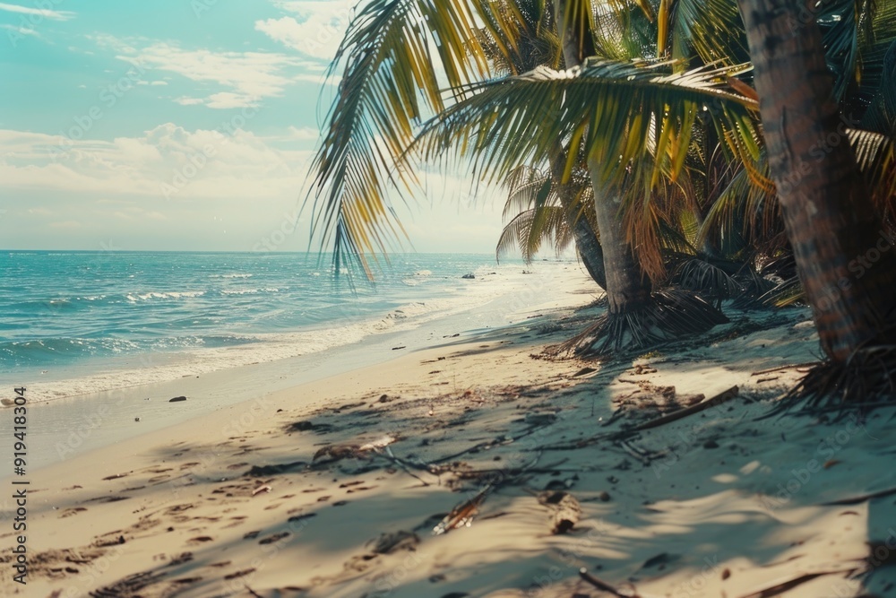 Naklejka premium A tranquil beach scene with palm trees and waves crashing on the shore, inviting a relaxing holiday.