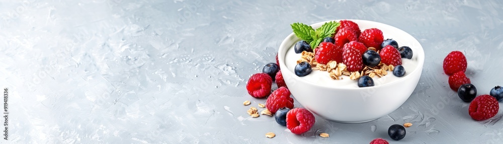 Healthy breakfast bowl with yogurt, fresh berries, granola, and mint on a gray background. Nutritious food concept for a balanced diet. Healthy breakfast bowl with yogurt, fresh berries, granola, and mint on a gray background. Nutritious food concept for a balanced diet.