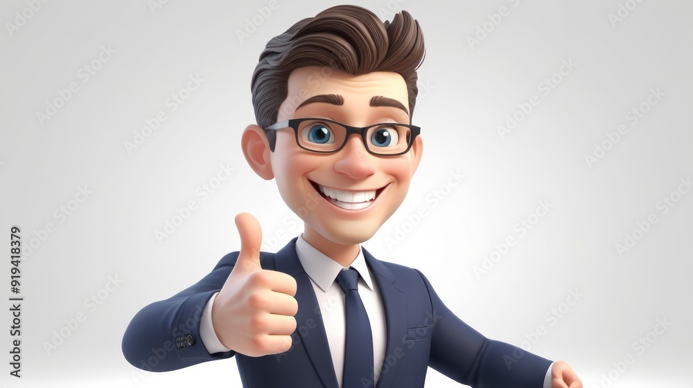 3D smiling businessman showing thumbs up, cool gesture on white background