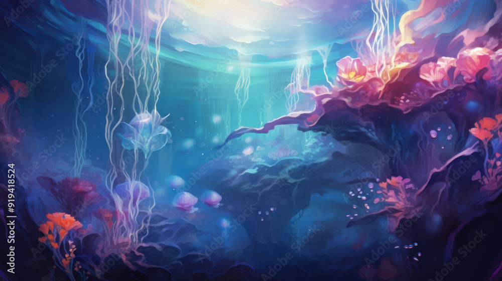 Serene underwater scene with light rays. Tranquil and ethereal atmosphere. Calm underwater background. Serene underwater scene with light rays. Tranquil and ethereal atmosphere. Calm underwater background.