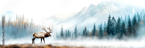Majestic elk stands in misty forest with snow-capped mountains in background, symbolizing nature's wilderness and serenity.