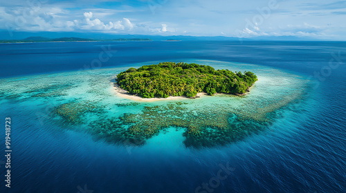 a small island, coral reef visible underwater, tropical paradise