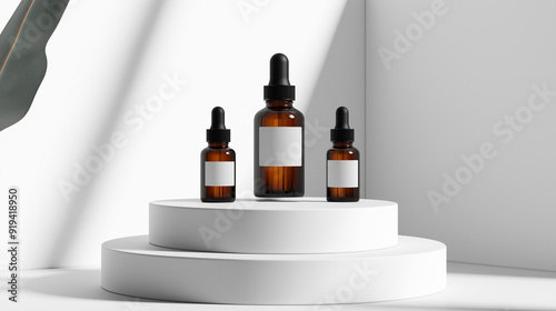 small bottles for serum cosmetics oil on a white podium. essential oil bottles.