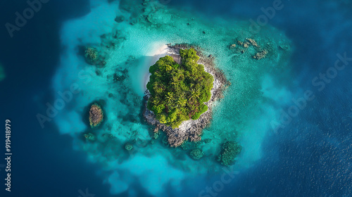 a small island, coral reef visible underwater, tropical paradise