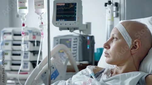 A woman with cancer lies in a hospital room with medical equipment