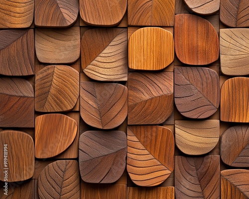 Detailed view of leafshaped timber blocks arranged in a pattern, showcasing the natural wood grain and intricate shapes, timber, natureinspired shapes photo