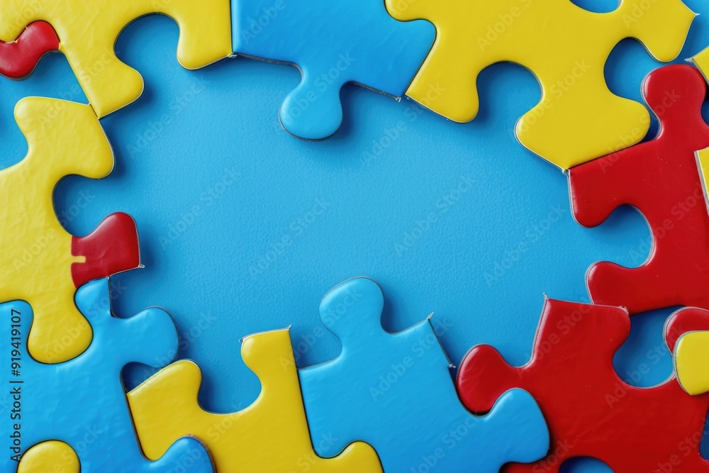 Close-up of variously shaped puzzle pieces in different colors. Close-up of variously shaped puzzle pieces in different colors.