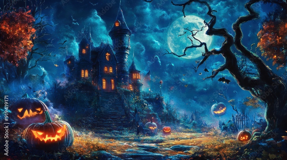 A spooky Halloween scene with jack-o'-lanterns, a haunted house, a full moon, and eerie blue lighting set against a dark, mysterious backdrop. A spooky Halloween scene with jack-o'-lanterns, a haunted house, a full moon, and eerie blue lighting set against a dark, mysterious backdrop.