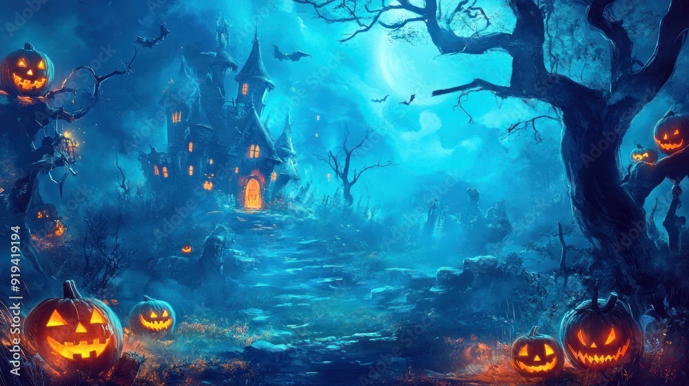 A spooky Halloween scene with carved pumpkins, a haunted house, twisted trees, and a mysterious blue night sky, evoking a chilling, atmosphere. A spooky Halloween scene with carved pumpkins, a haunted house, twisted trees, and a mysterious blue night sky, evoking a chilling, atmosphere.