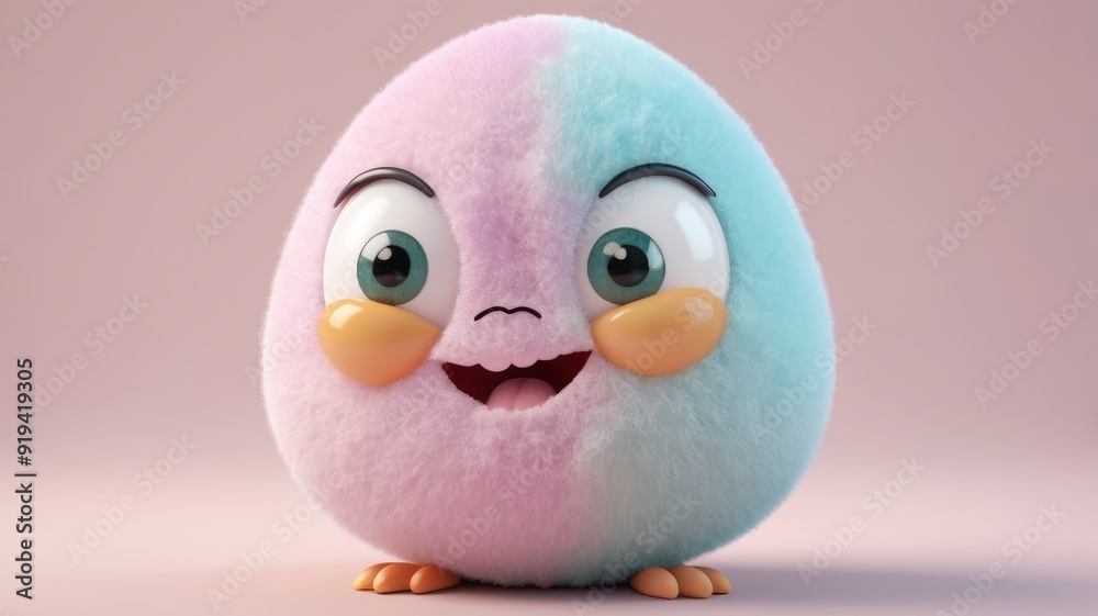A pastel-colored, fluffy egg character with large, endearing eyes and a shy grin A pastel-colored, fluffy egg character with large, endearing eyes and a shy grin