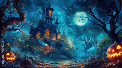 A spooky Halloween-themed illustration with a haunted house, carved pumpkins, full moon, and eerie blue night ambiance, creating a perfect setting for a ghostly tale.